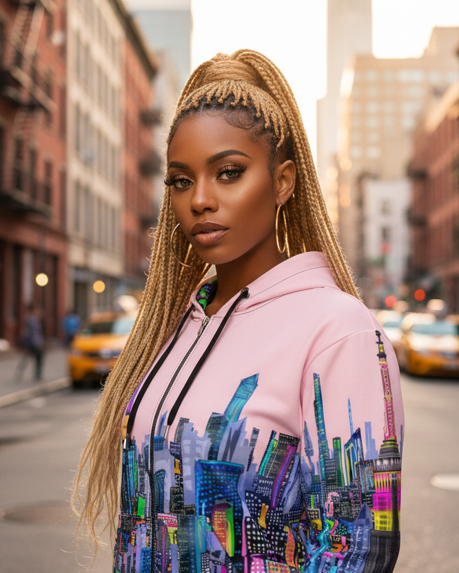 Woman wearing a pink Loria NYC Art hoodie with a colorful cityscape design on a city street.