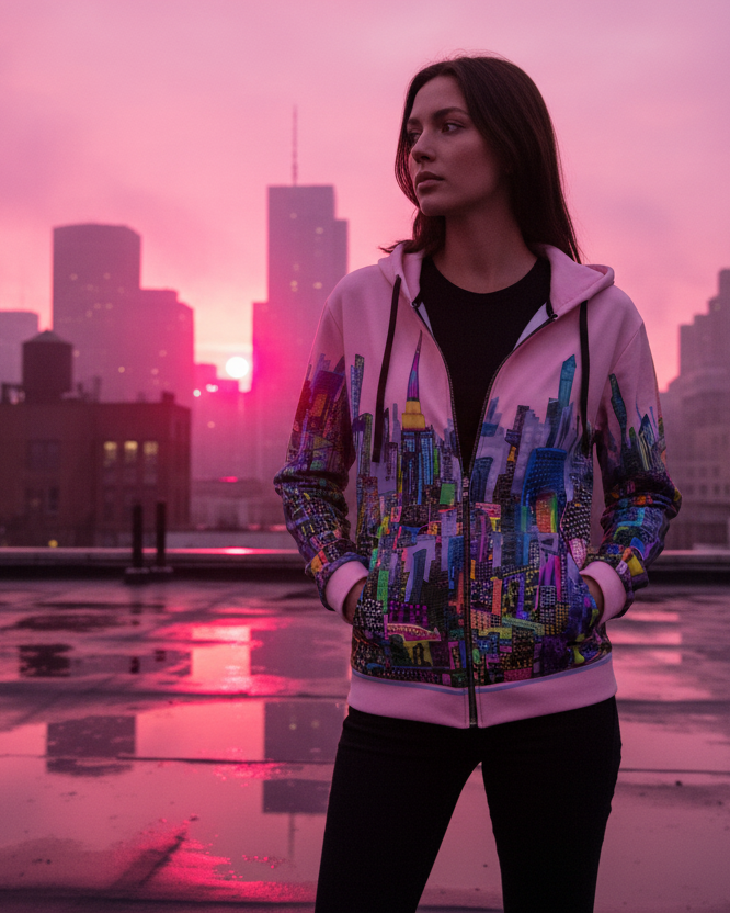 Person wearing a Loria NYC Art colorful jacket on a rooftop with a cityscape in the background during sunset.