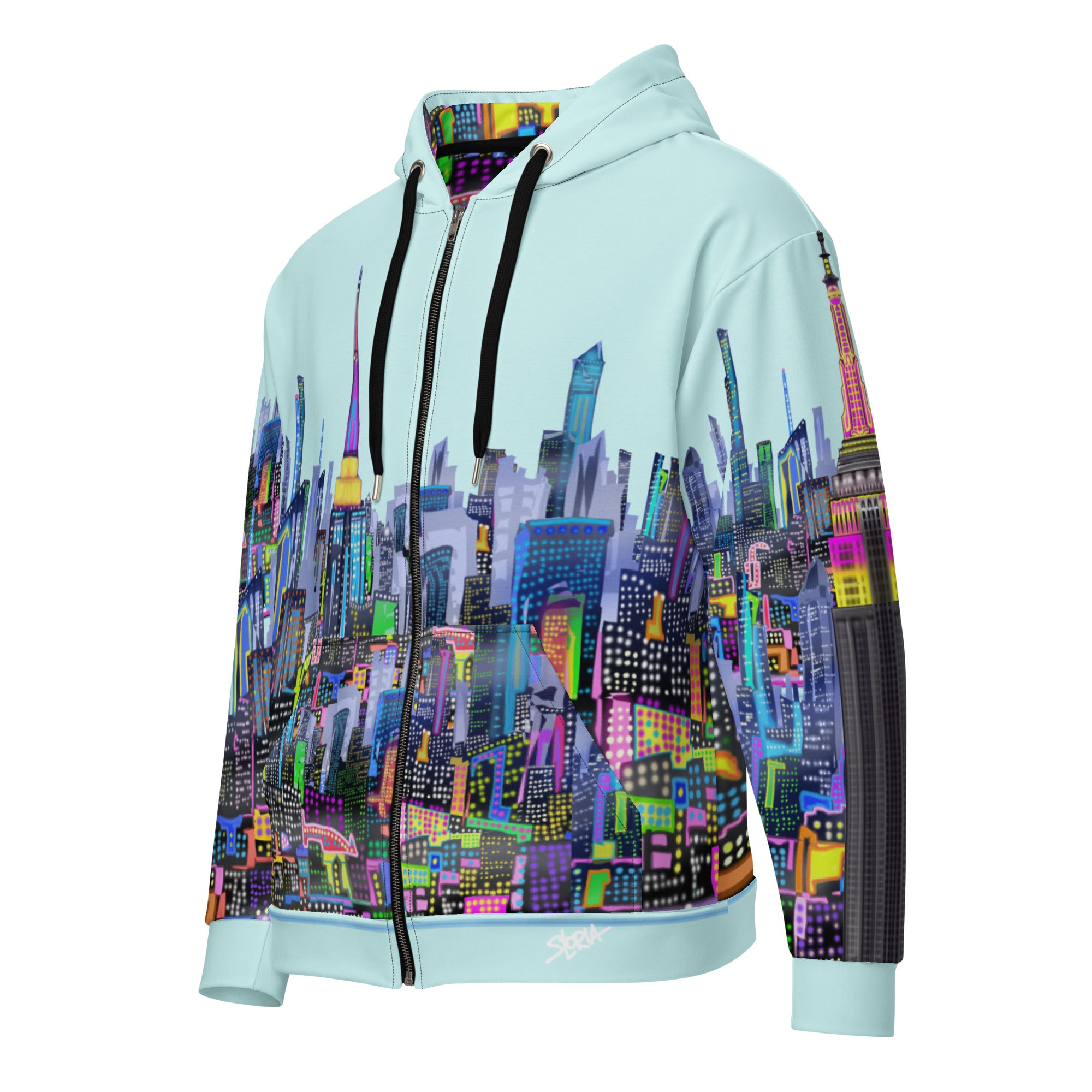 Hoodie with a colorful cityscape  design by LORIA NYC Art on a light blue background