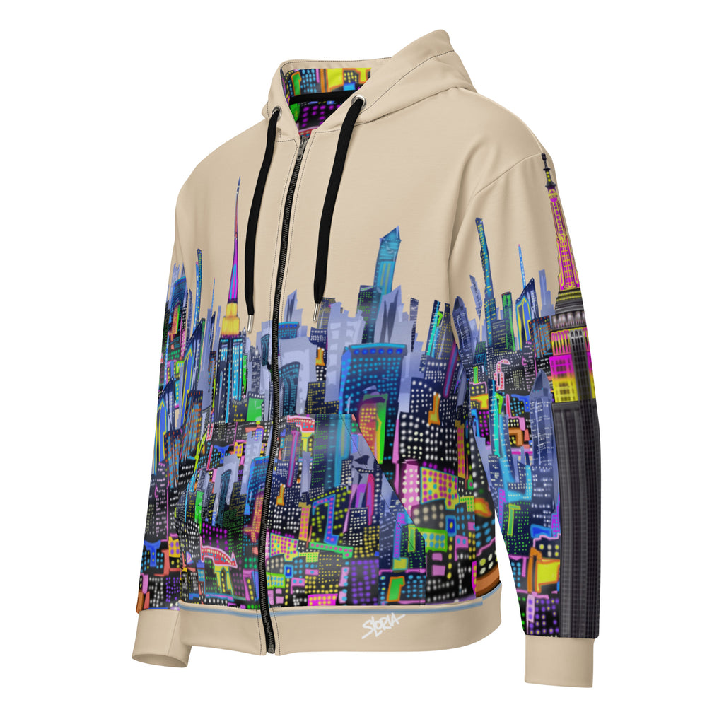 Beige hoodie with colorful cityscape Loria NYC Art design on a white background
