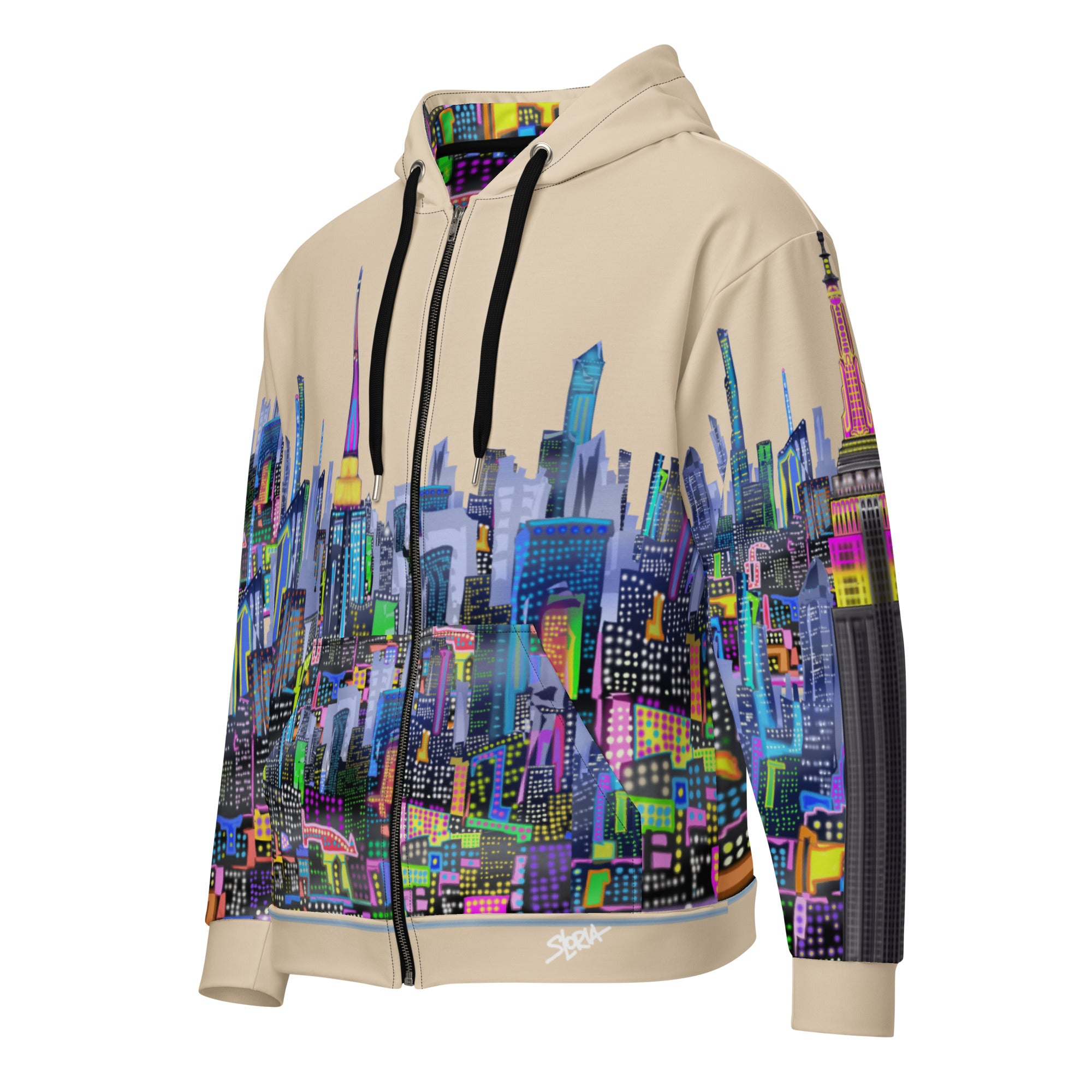 Beige hoodie with colorful cityscape Loria NYC Art design on a white background