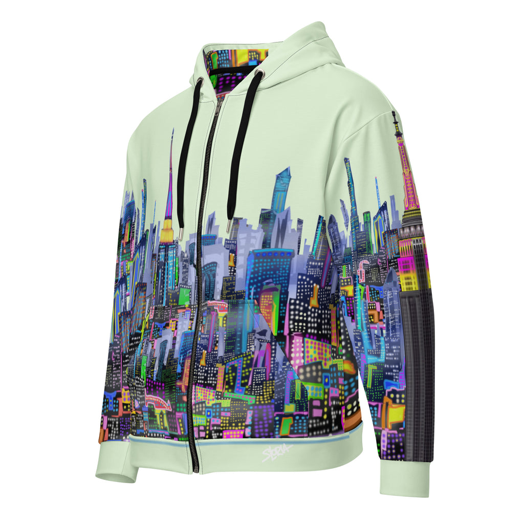 Hoodie with a colorful cityscape Loria NYC Art design on a white background