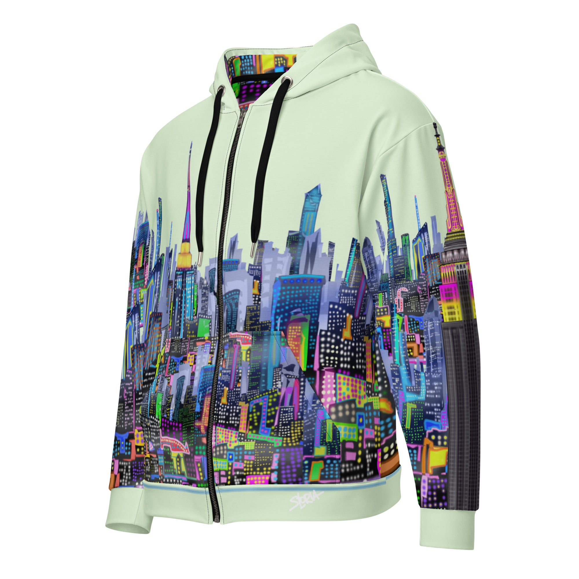 Hoodie with a colorful cityscape Loria NYC Art design on a white background