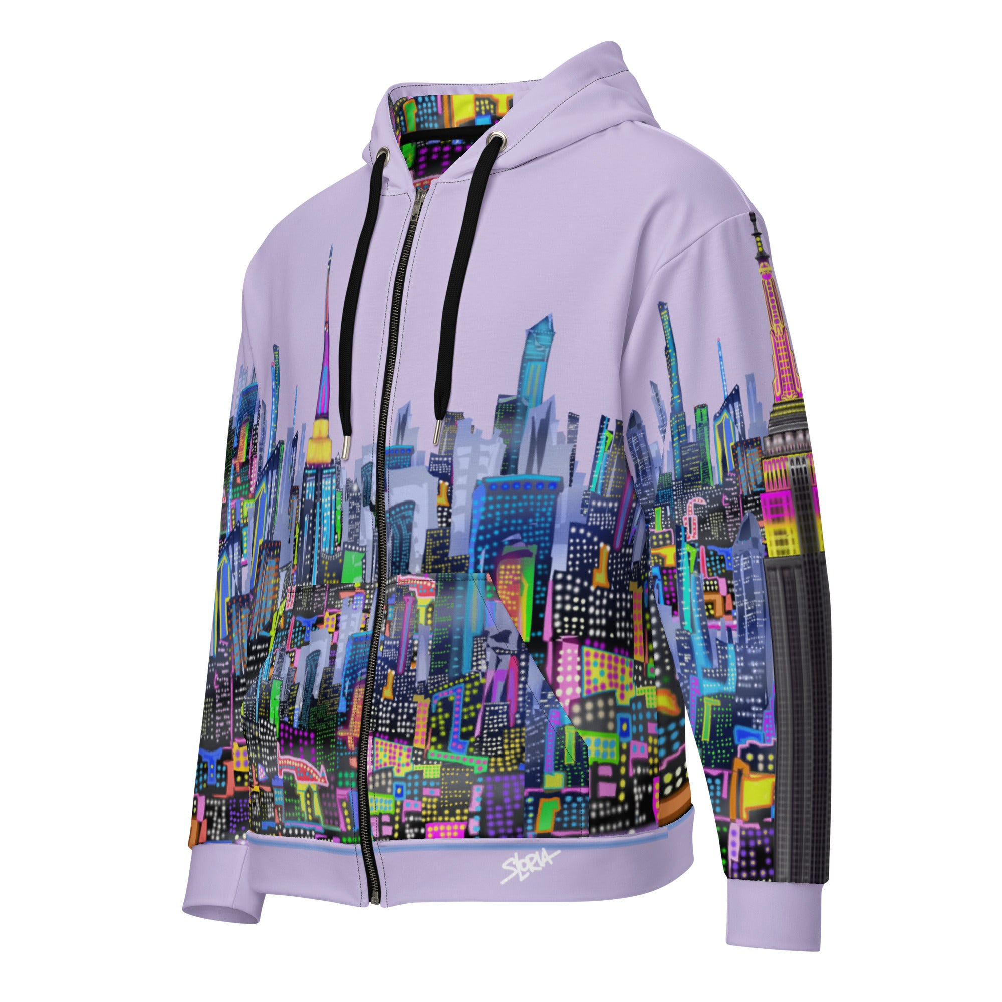 Hoodie with a colorful cityscape Loria NYC Art design on a white background