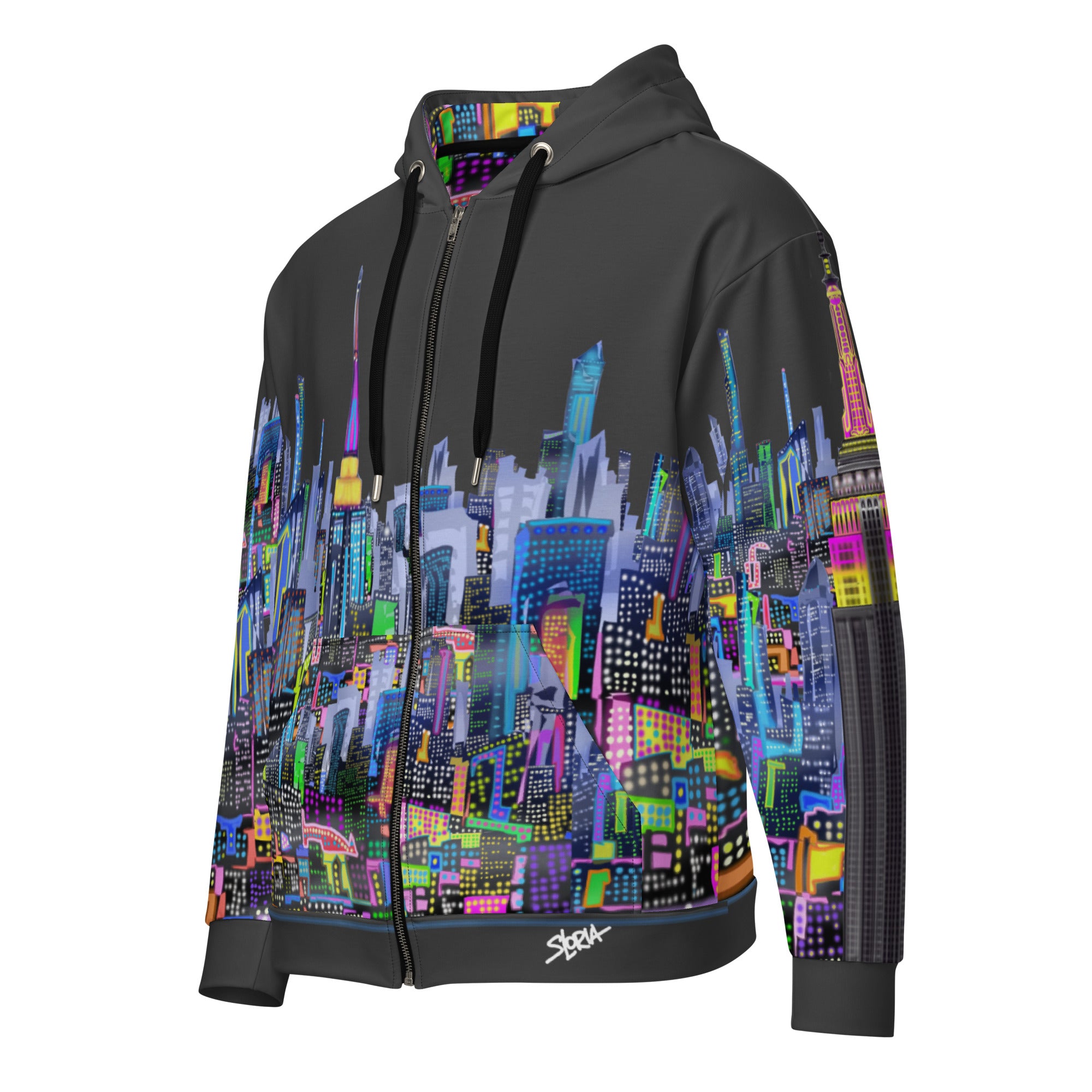 Hoodie with colorful cityscape Loria NYC Art design on a white background