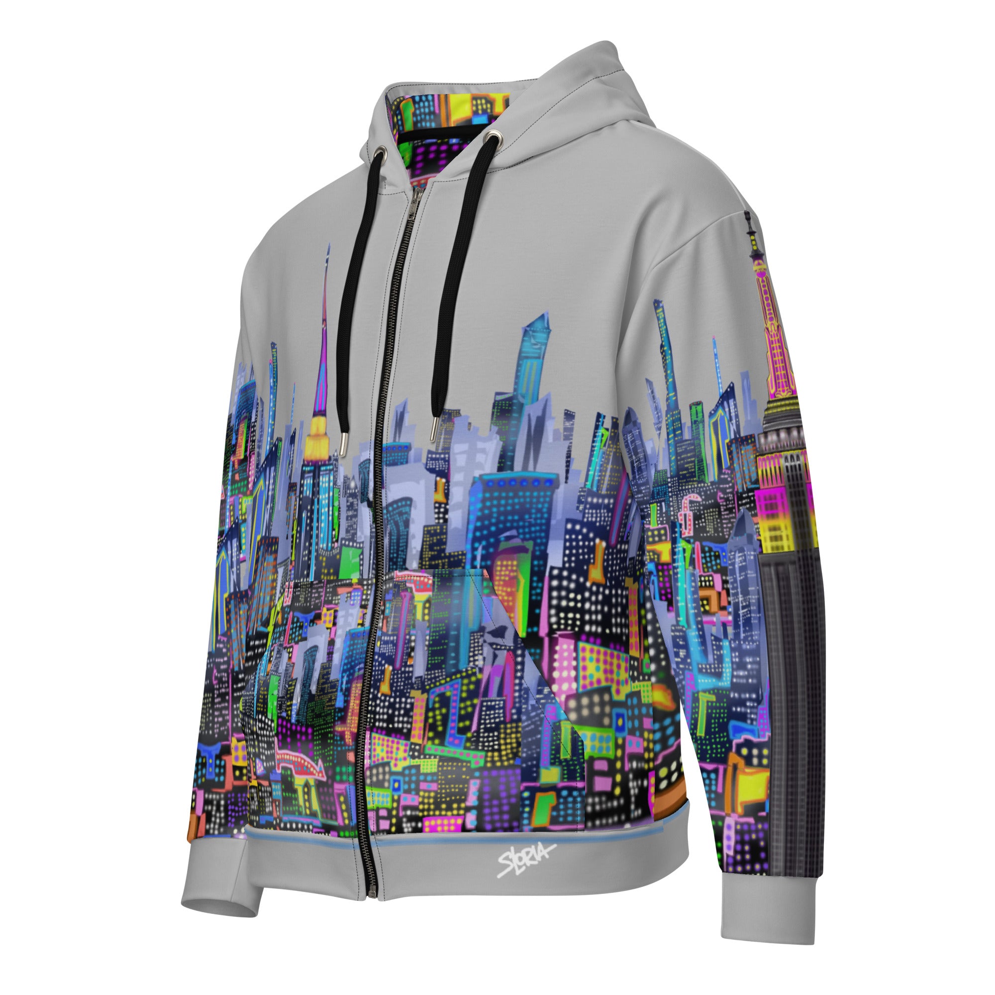 Hoodie with a colorful Loria NYC Art cityscape design on a white background