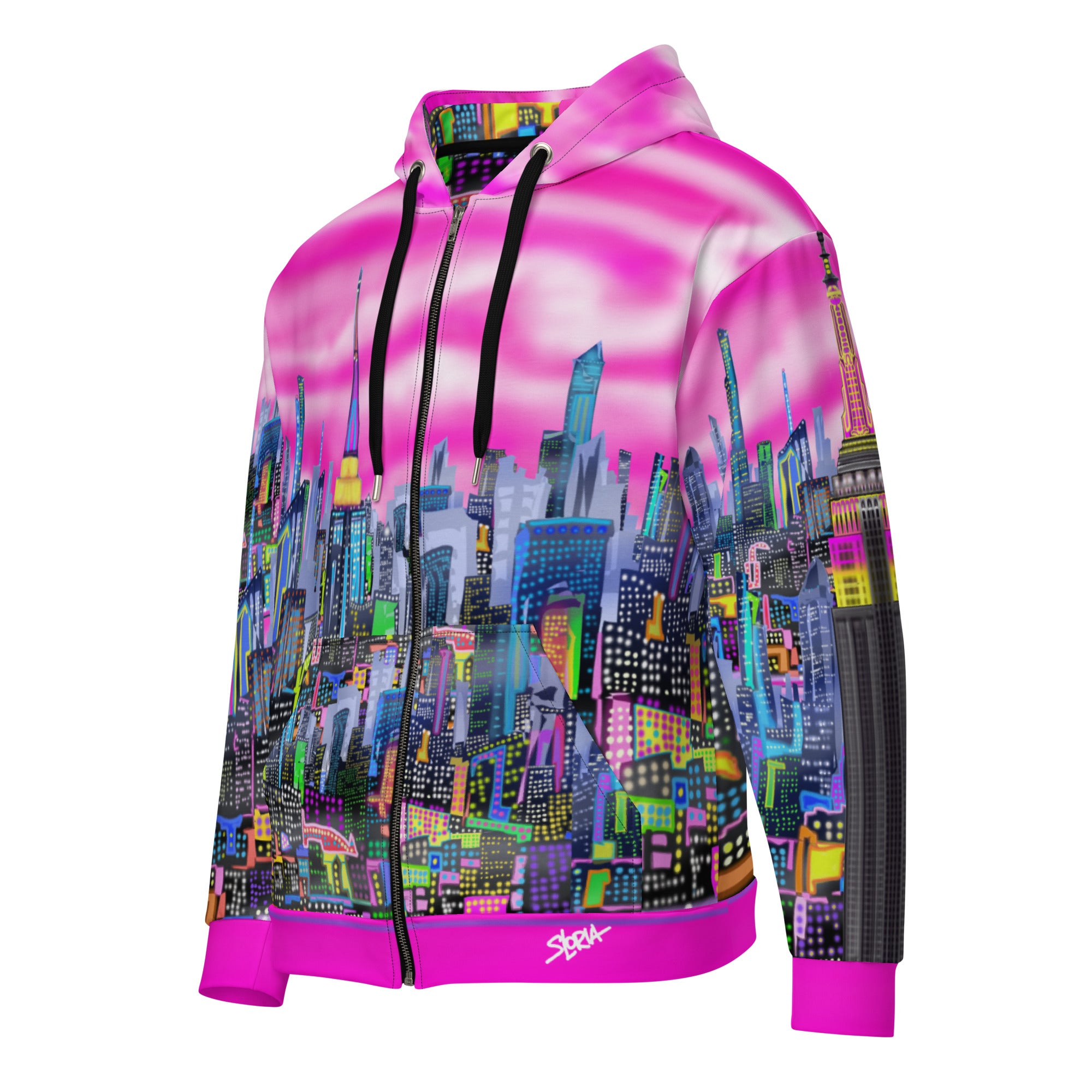 Colorful hoodie with cityscape  Loria NYC Art design on a white background