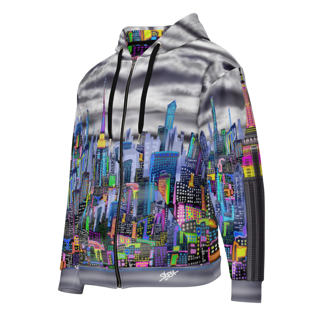 Hoodie with a colorful cityscape Loria NYC Art design on a white background