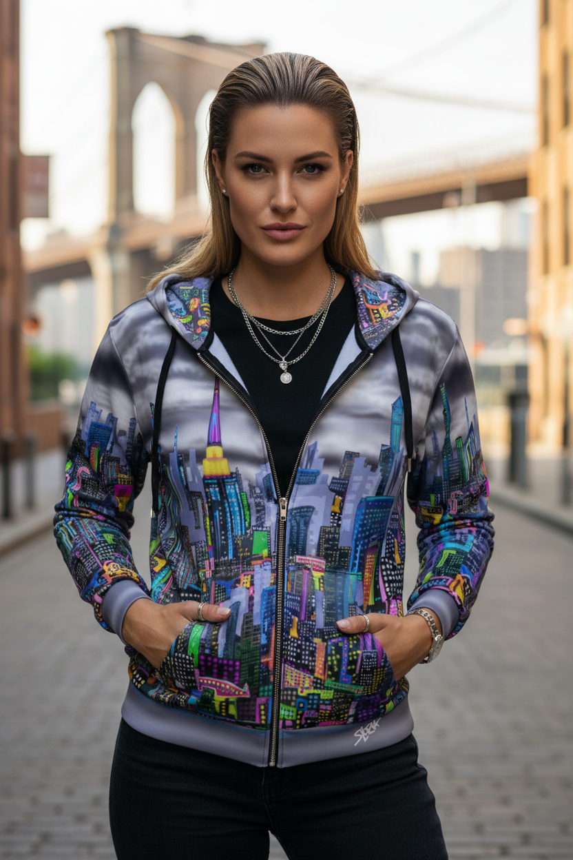 Woman wearing a colorful Loria NYC Art cityscape hoodie with a blurred background