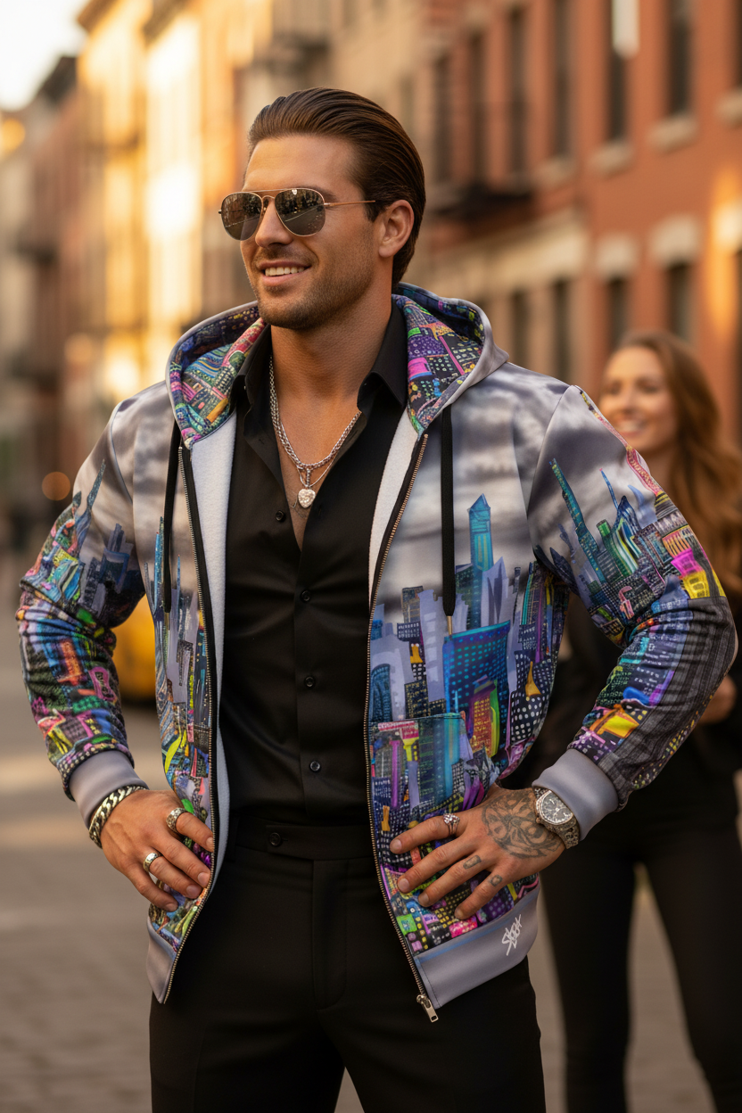 Man wearing a colorful jacket with Loria NYC Art cityscape design on a street.
