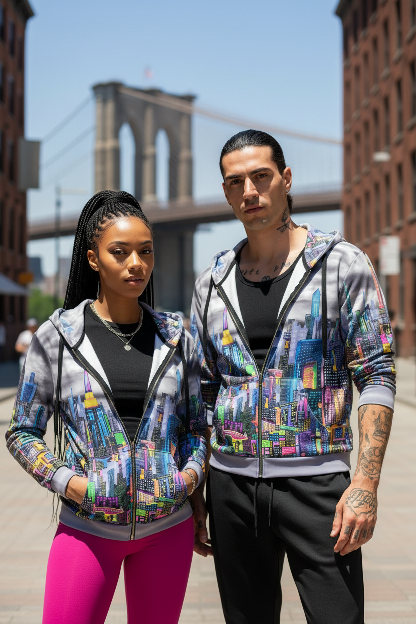 Two people wearing colorful hoodies with a cityscape Loria NYC Art design, standing in an urban setting with a bridge in the background.