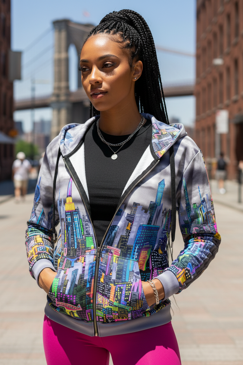 Woman wearing a colorful Loria NYC Art cityscape jacket with a bridge and buildings in the background