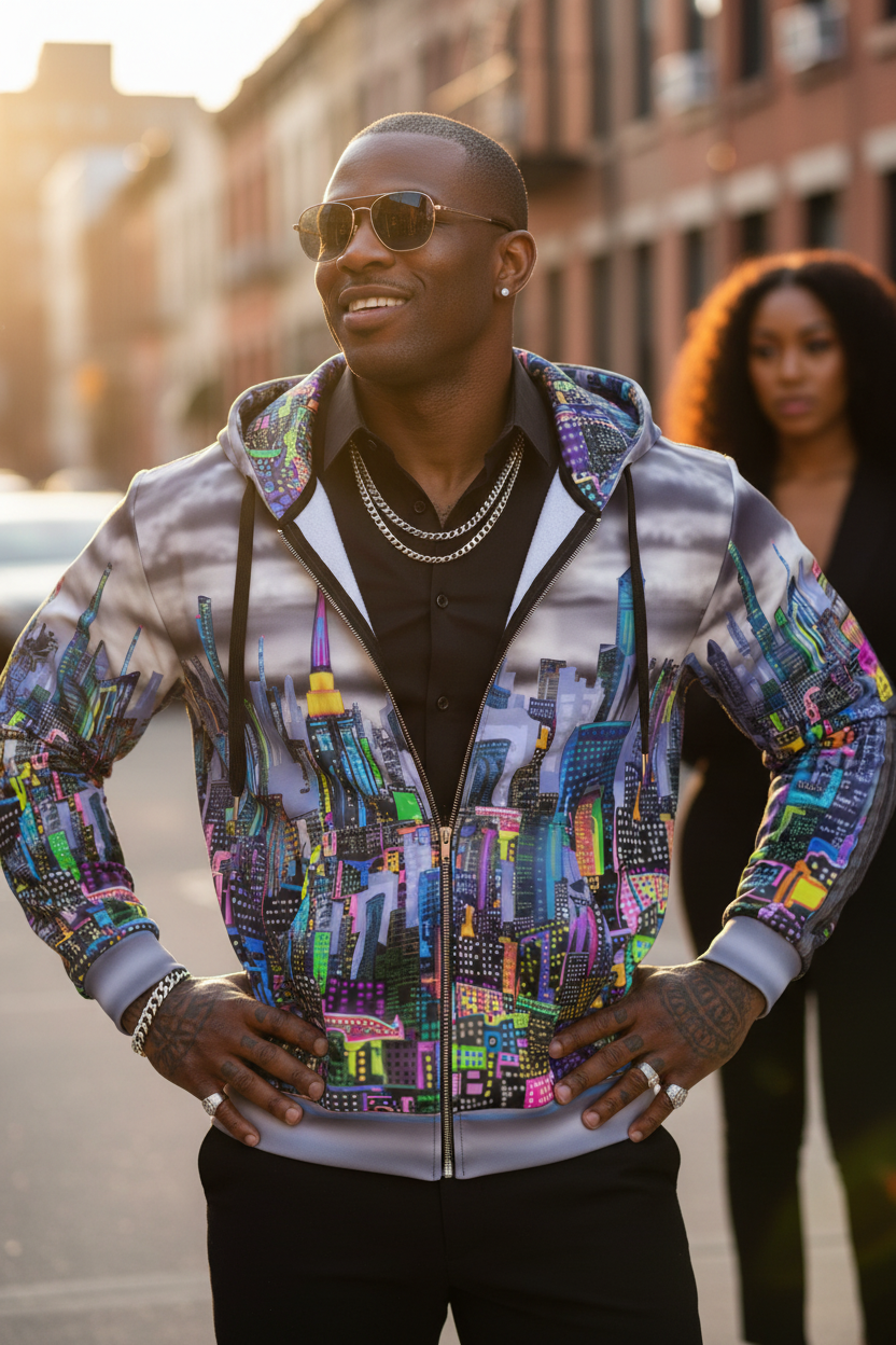 Man wearing a colorful Loria NYC Art cityscape hoodie on a street with blurred background