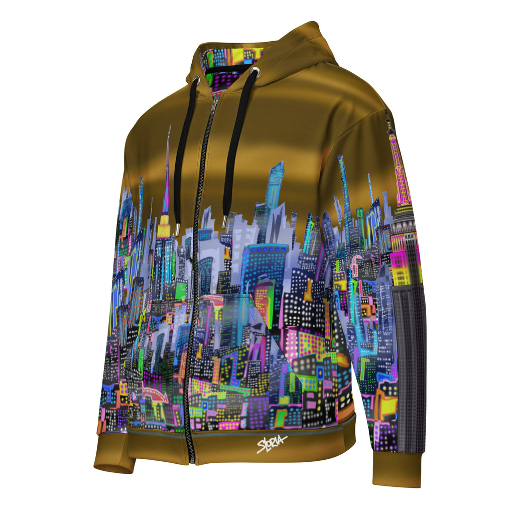Hoodie with a colorful Loria NYC Art cityscape design on a white background