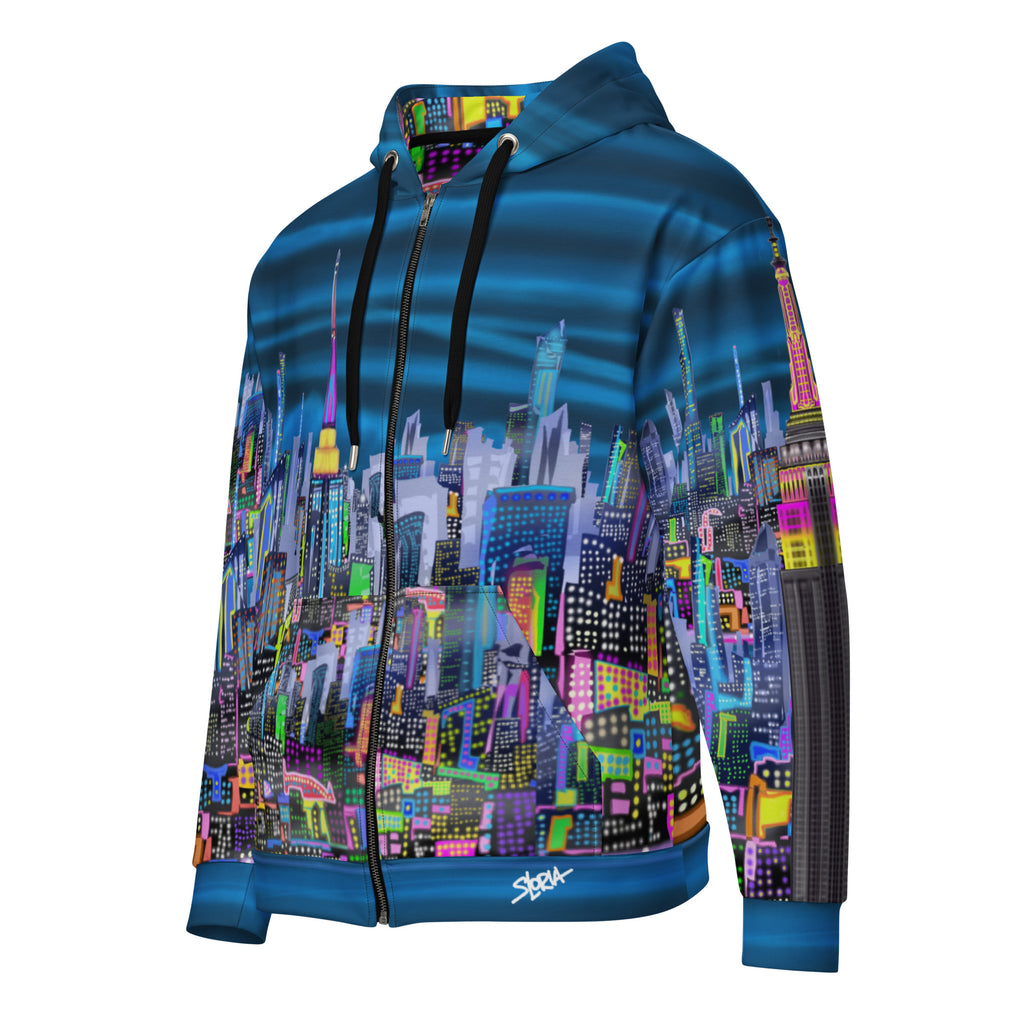 Side of Blue Hoodie with cityscape design by Loria NYC Art on a white background