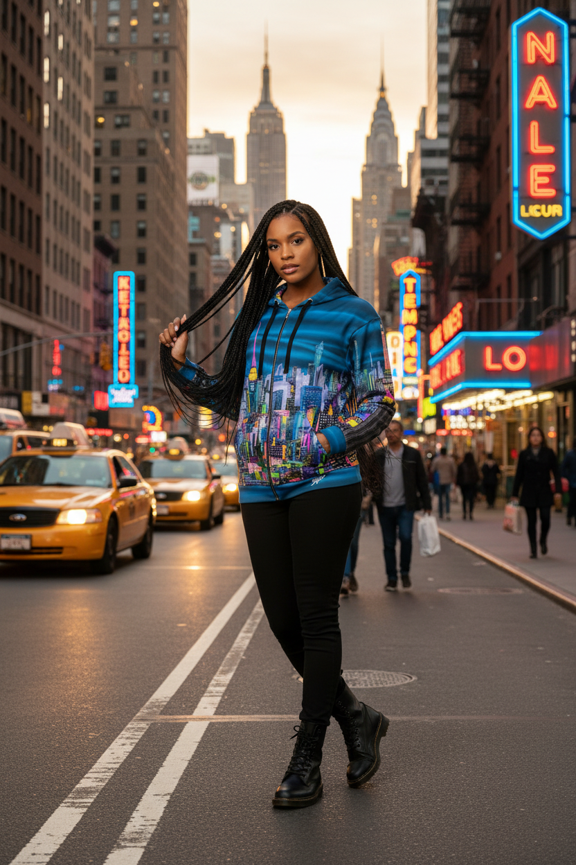 Woman wearing a Loria NYC Art hoodie on a city street with neon signs and taxis in the background