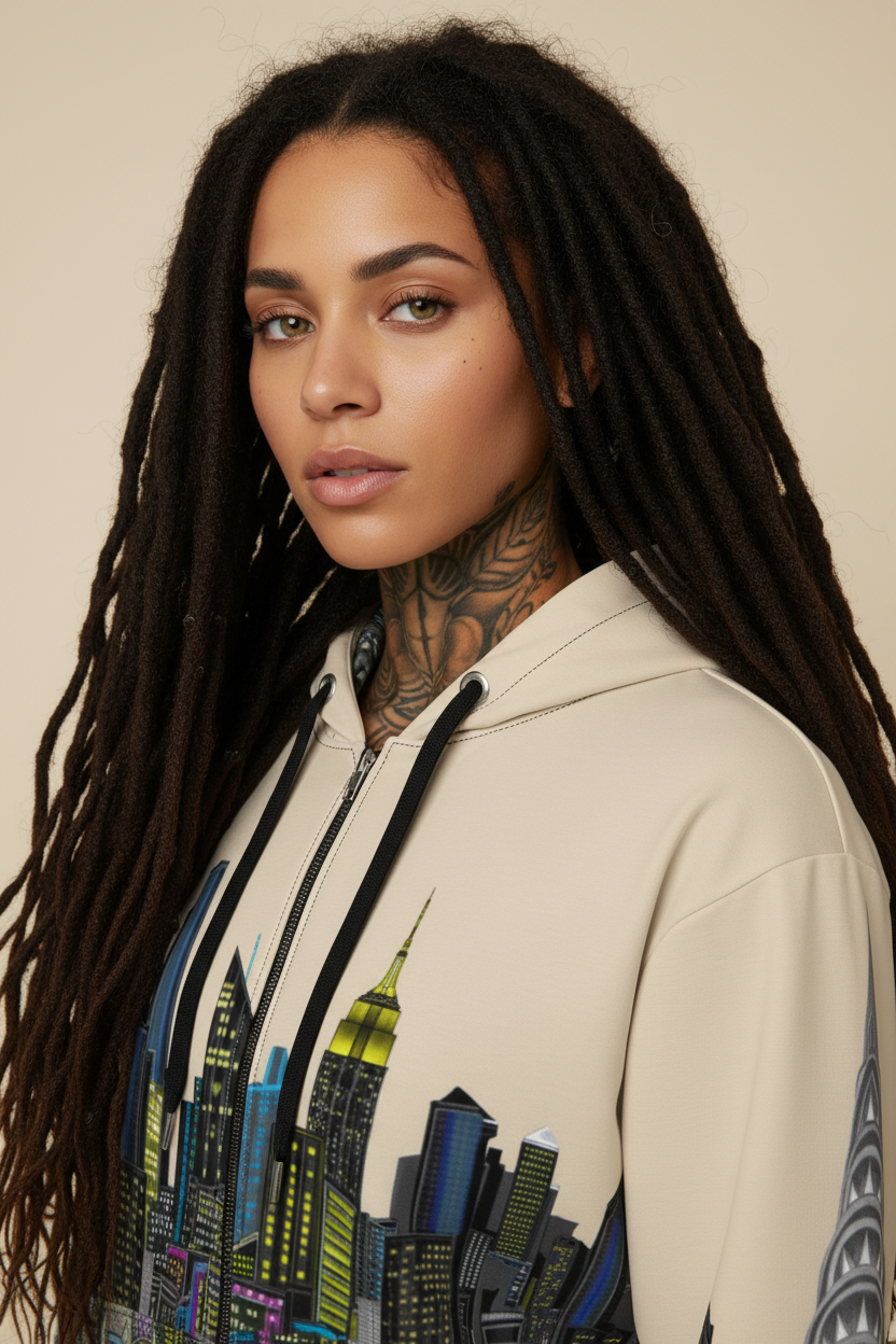 Person wearing a beige hoodie with a cityscape Loria NYC Art design on a beige background