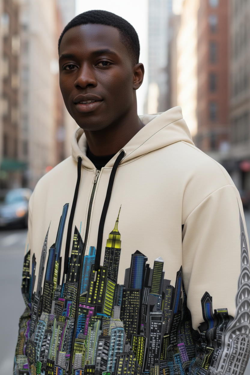 Man wearing a hoodie with cityscape Loria NYC Art design in an urban setting