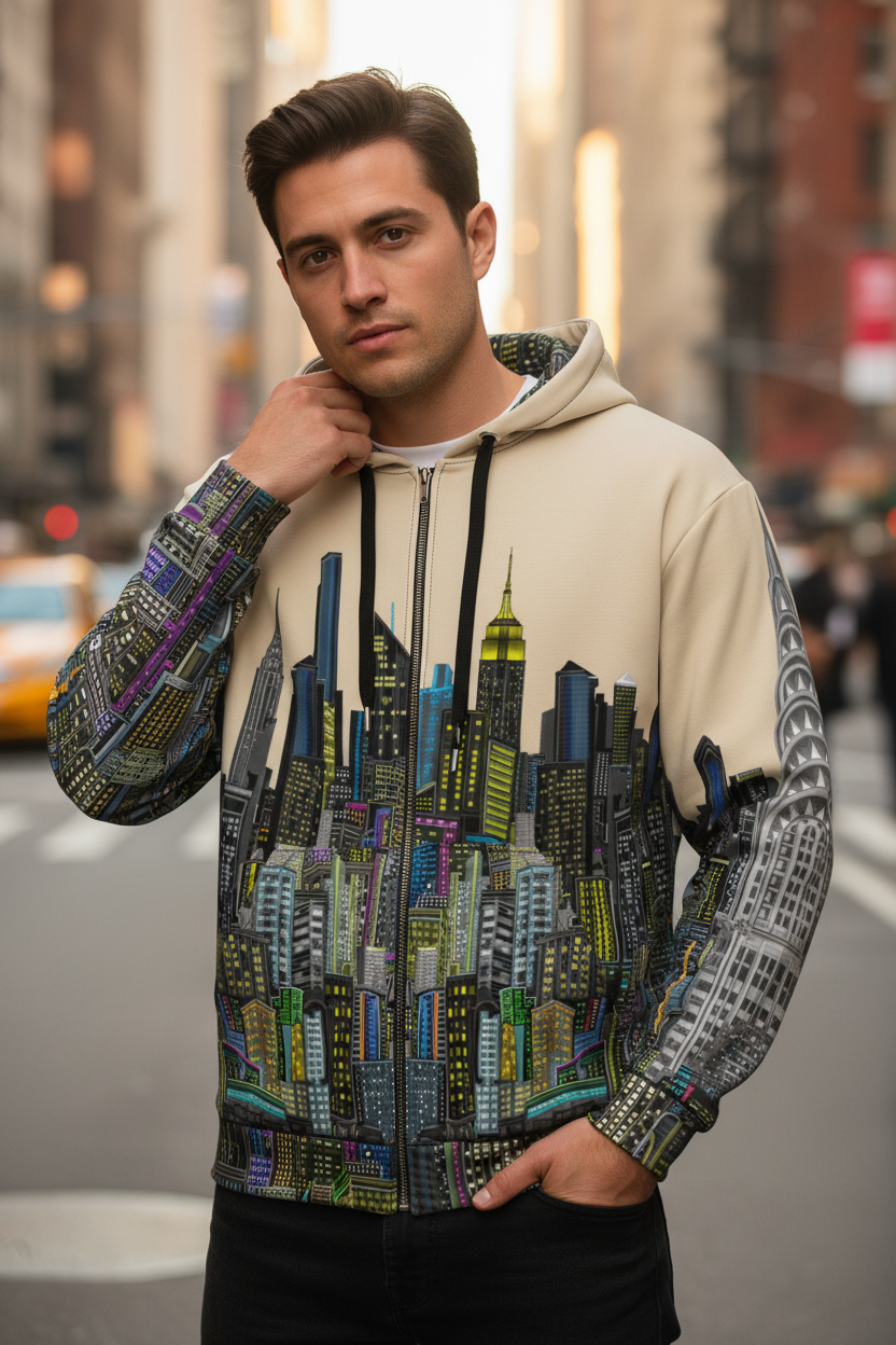 Man wearing a hoodie with Loria NYC Art cityscape design in an urban setting