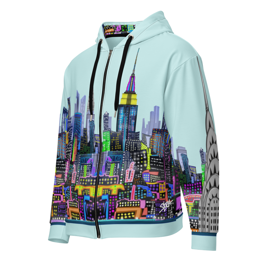 Light blue hoodie with colorful Loria NYC Art cityscape design on a white background