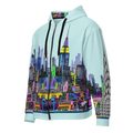 Light blue hoodie with colorful Loria NYC Art cityscape design on a white background
