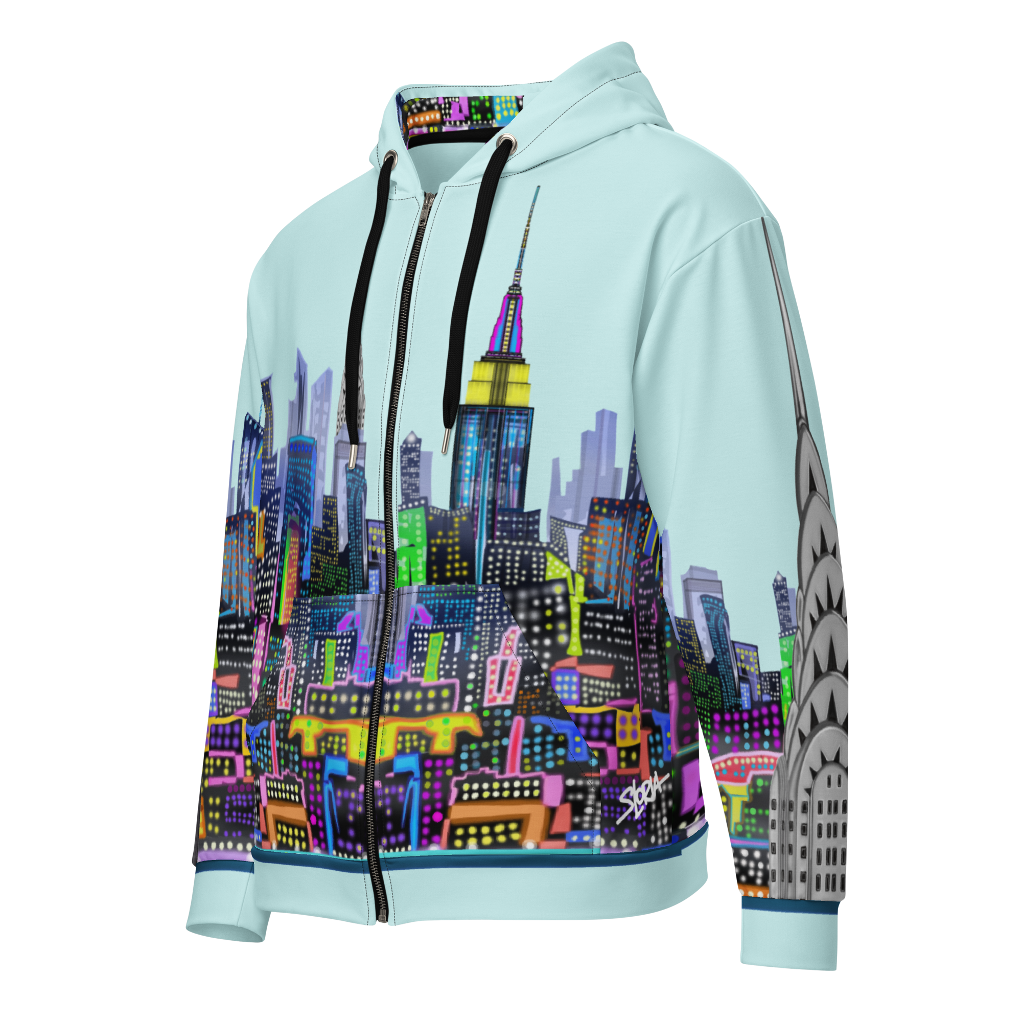 Light blue hoodie with colorful Loria NYC Art cityscape design on a white background