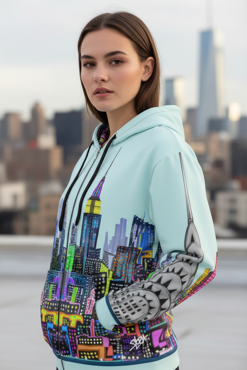 Woman wearing a hoodie with a colorful cityscape Loria NYC Art design in an urban setting
