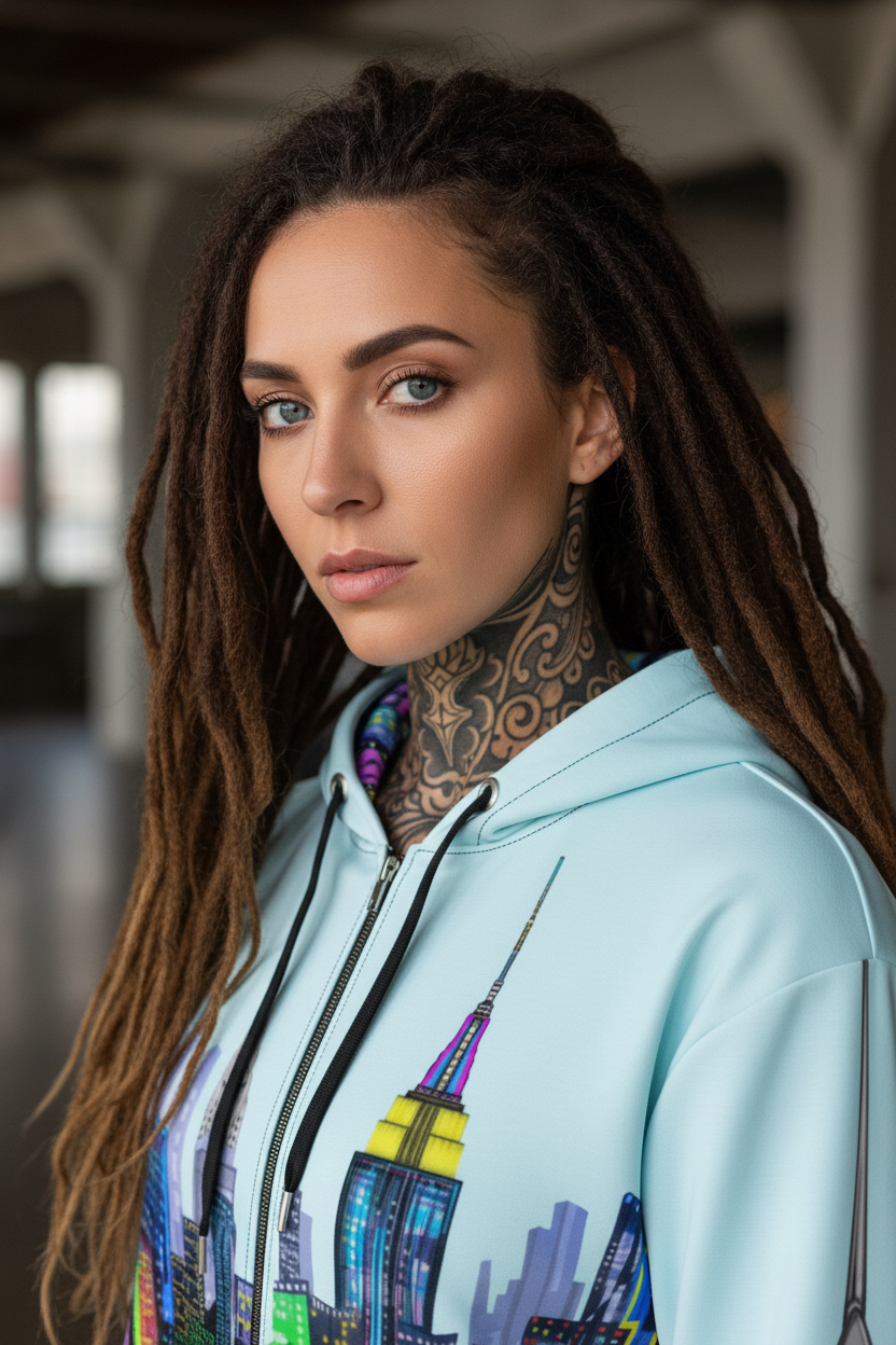 Woman with long dreadlocks wearing a light blue hoodie with a Loria NYC Art colorful design.