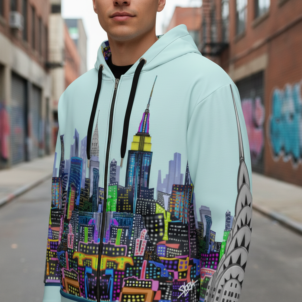 Person wearing a hoodie with a Loria NYC Art colorful cityscape design on a street.