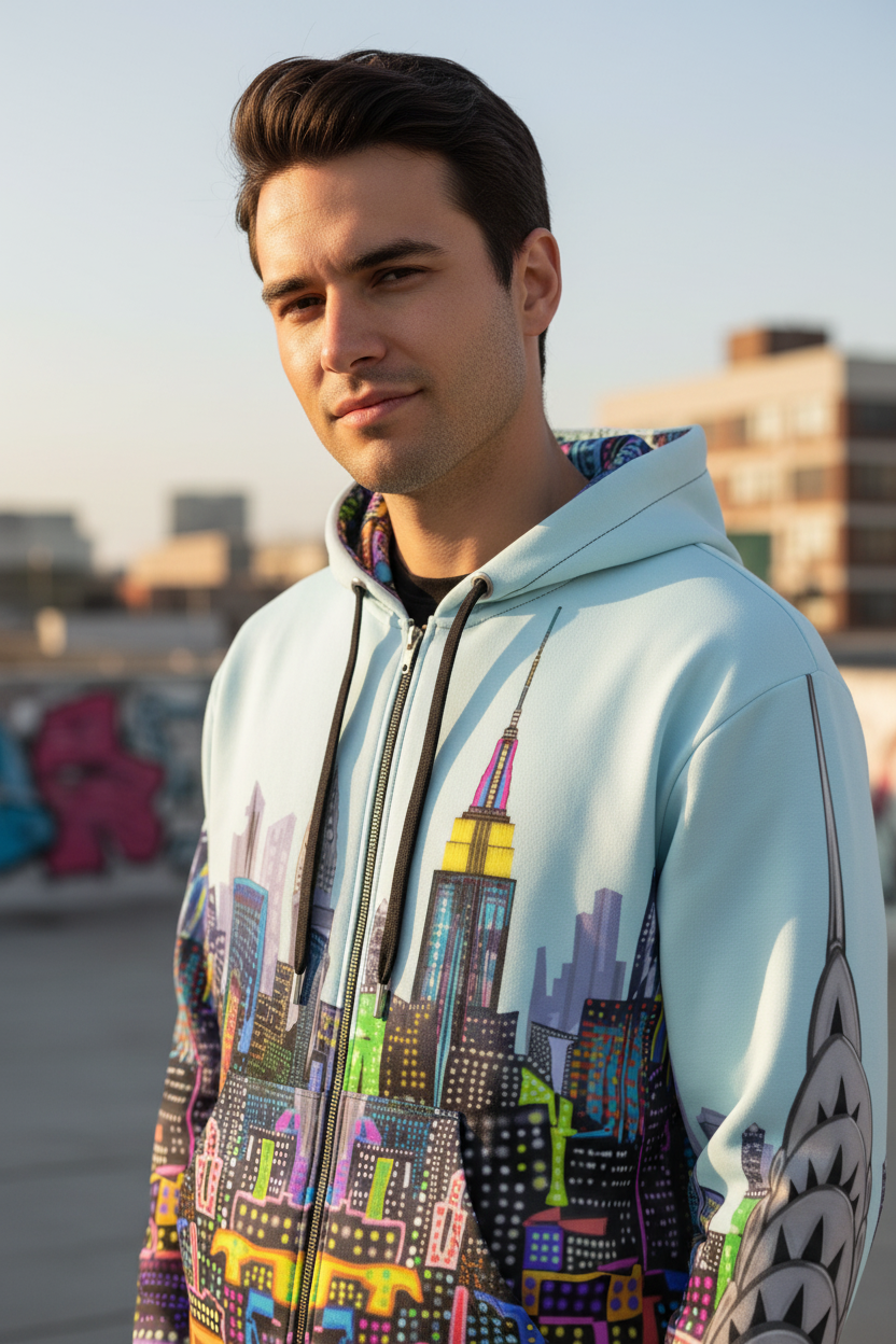 Man wearing a hoodie with a colorful Loria NYC Art cityscape design outdoors.