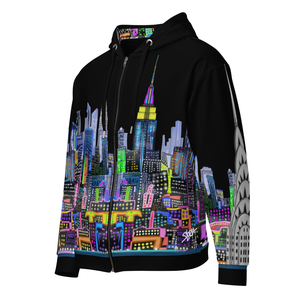 Black hoodie with colorful Loria NYC Art cityscape design on a white background