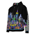 Black hoodie with colorful Loria NYC Art cityscape design on a white background