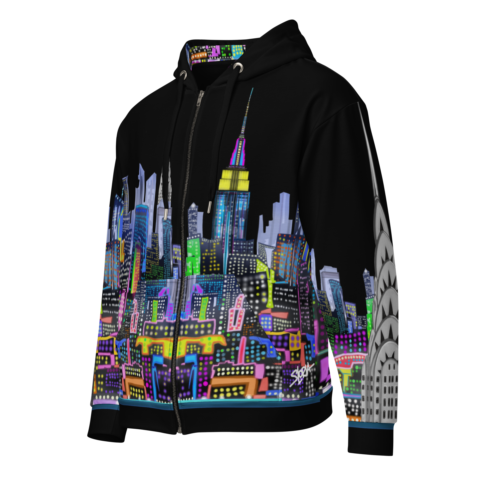 Black hoodie with colorful Loria NYC Art cityscape design on a white background
