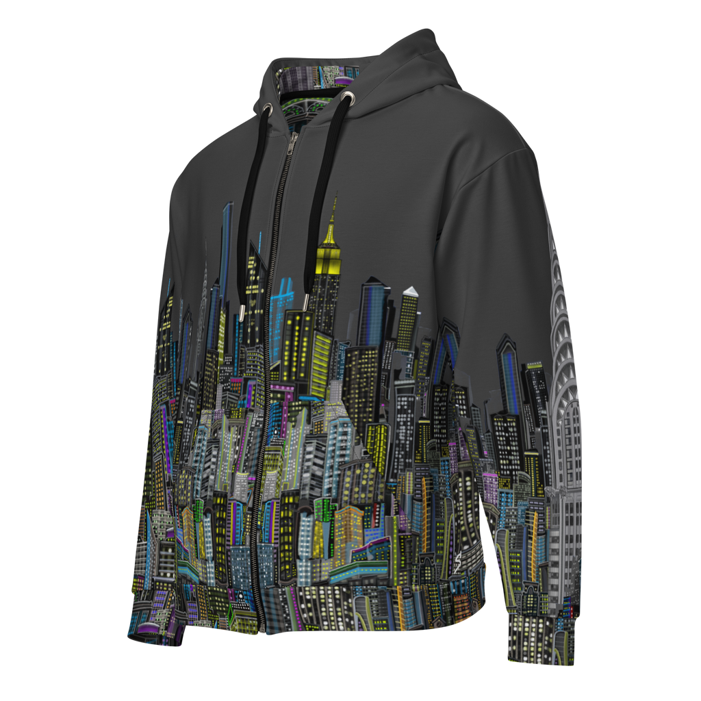 Hoodie with Loria NYC Art cityscape design on a white background