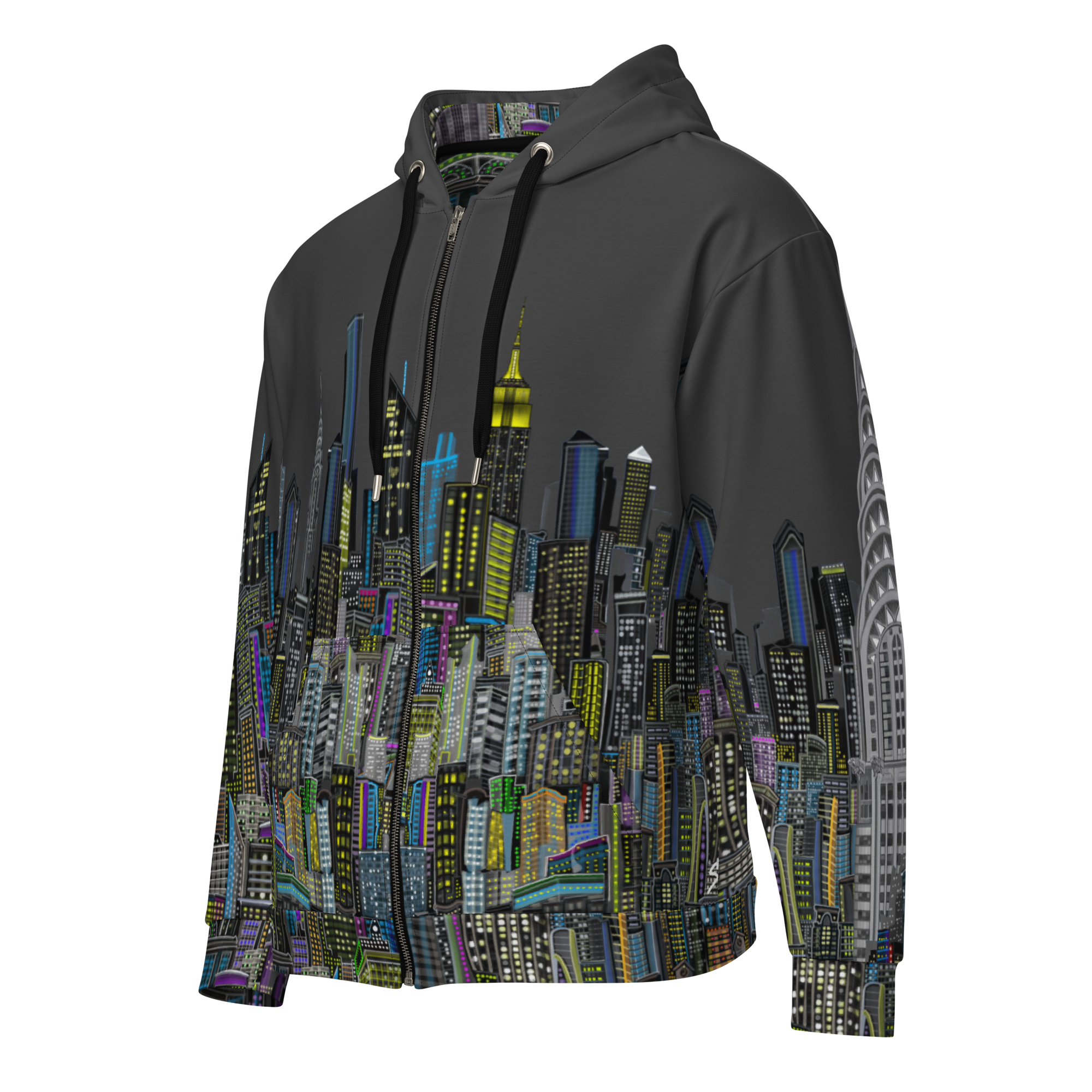Hoodie with Loria NYC Art cityscape design on a white background