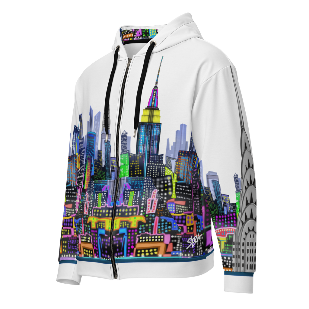 White hoodie with colorful Loria NYC Artcityscape design on a white background
