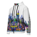 White hoodie with colorful Loria NYC Artcityscape design on a white background