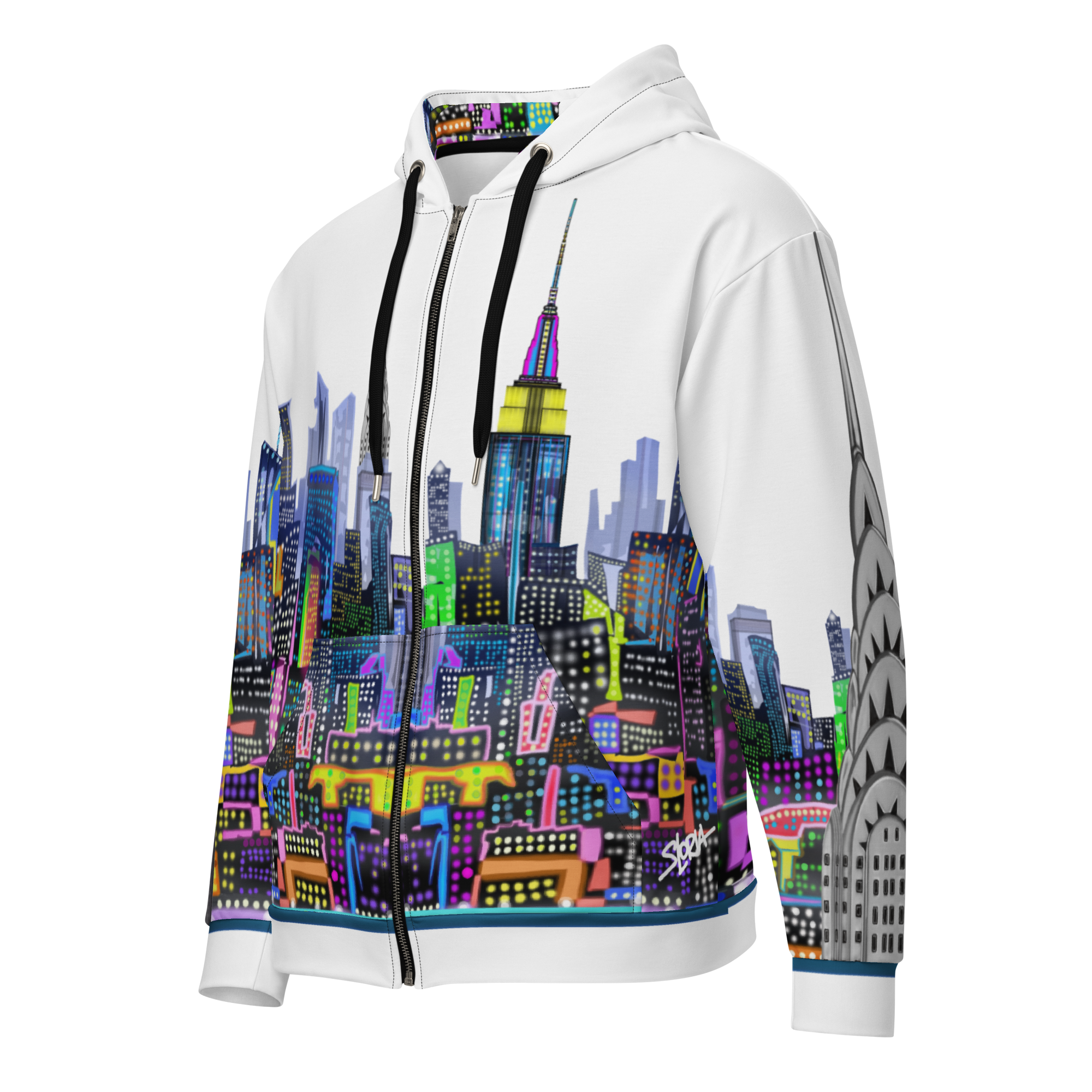 White hoodie with colorful Loria NYC Artcityscape design on a white background