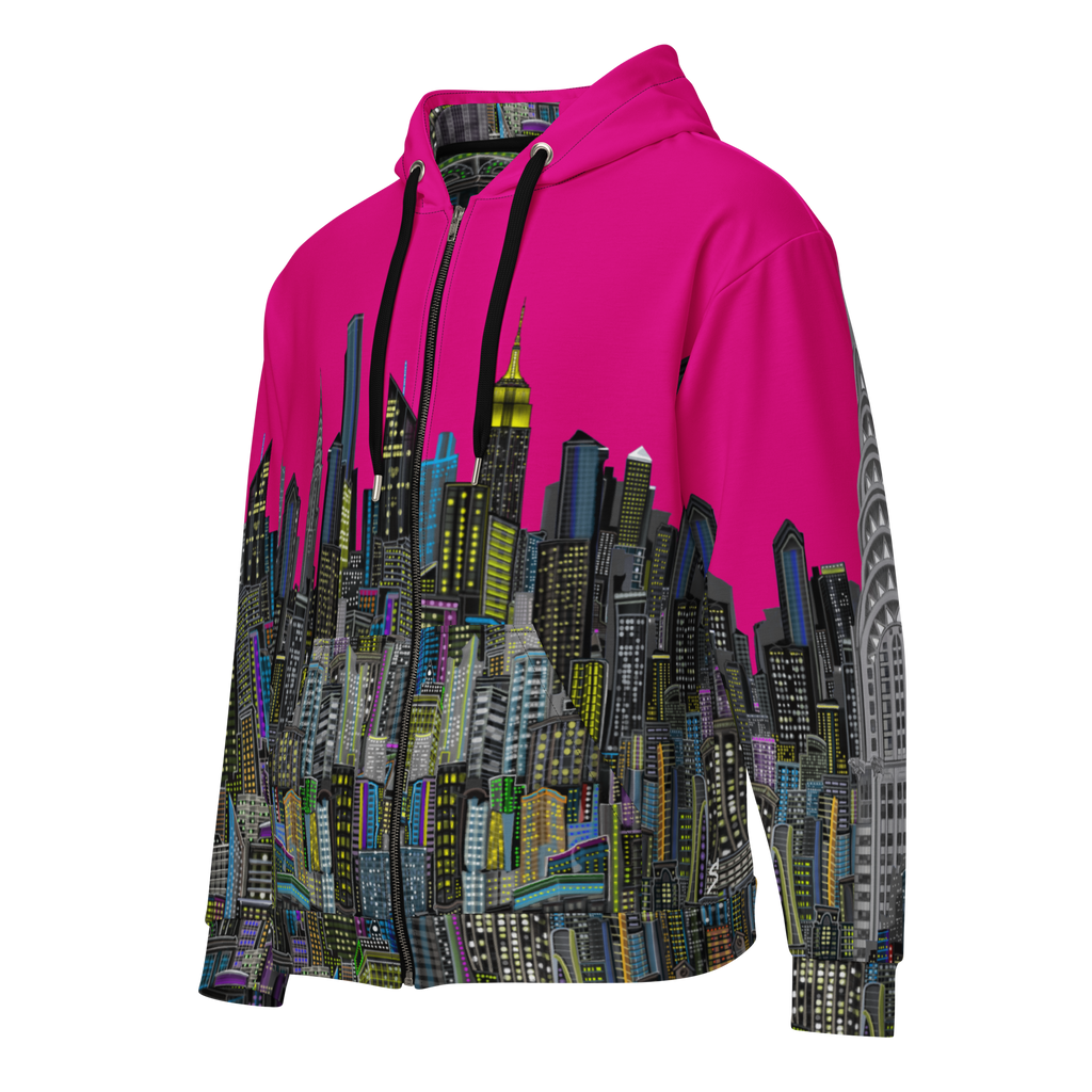 Pink hoodie with cityscape NYC Loria Art design on a white background