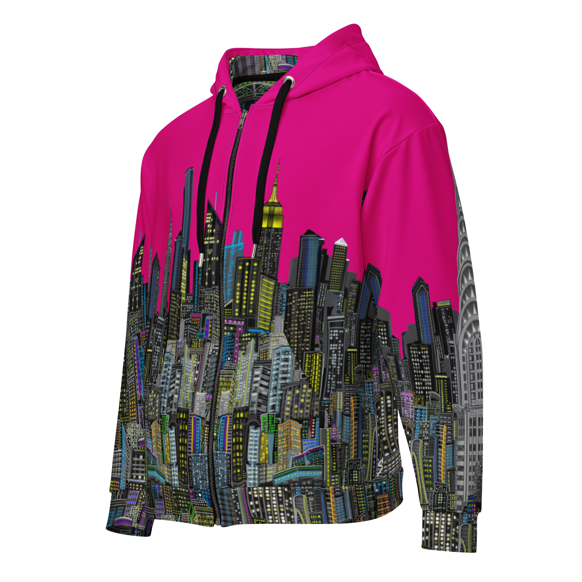 Pink hoodie with cityscape NYC Loria Art design on a white background