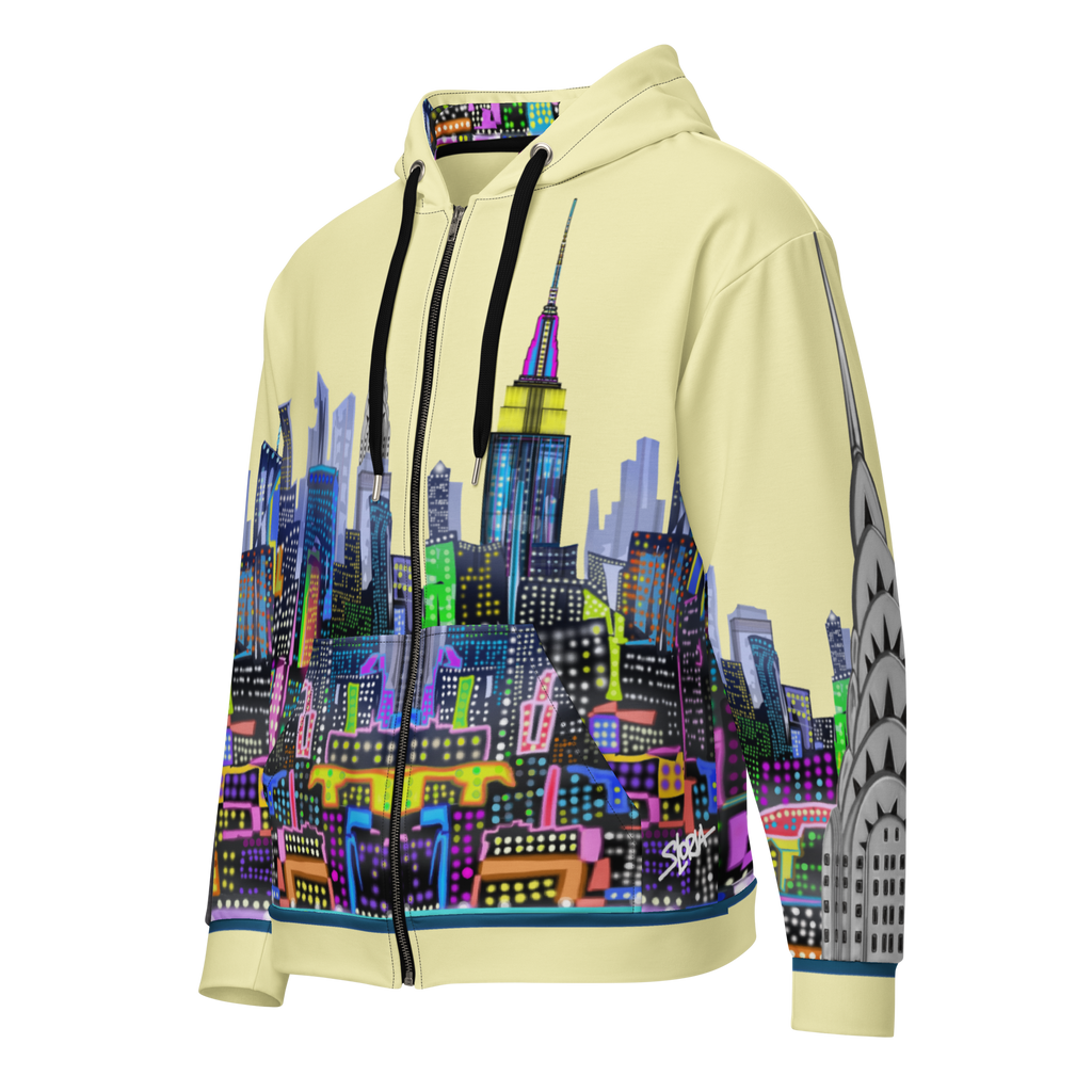 Hoodie with cityscape Loria NYC Art design on a white background