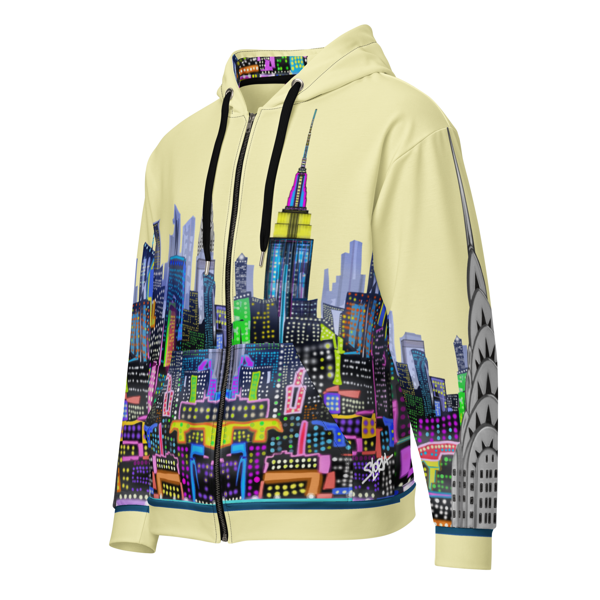 Hoodie with cityscape Loria NYC Art design on a white background
