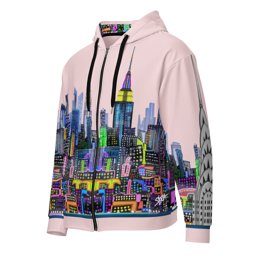 Pink hoodie with colorful Loria NYC Art cityscape design on a white background