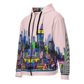 Pink hoodie with colorful Loria NYC Art cityscape design on a white background