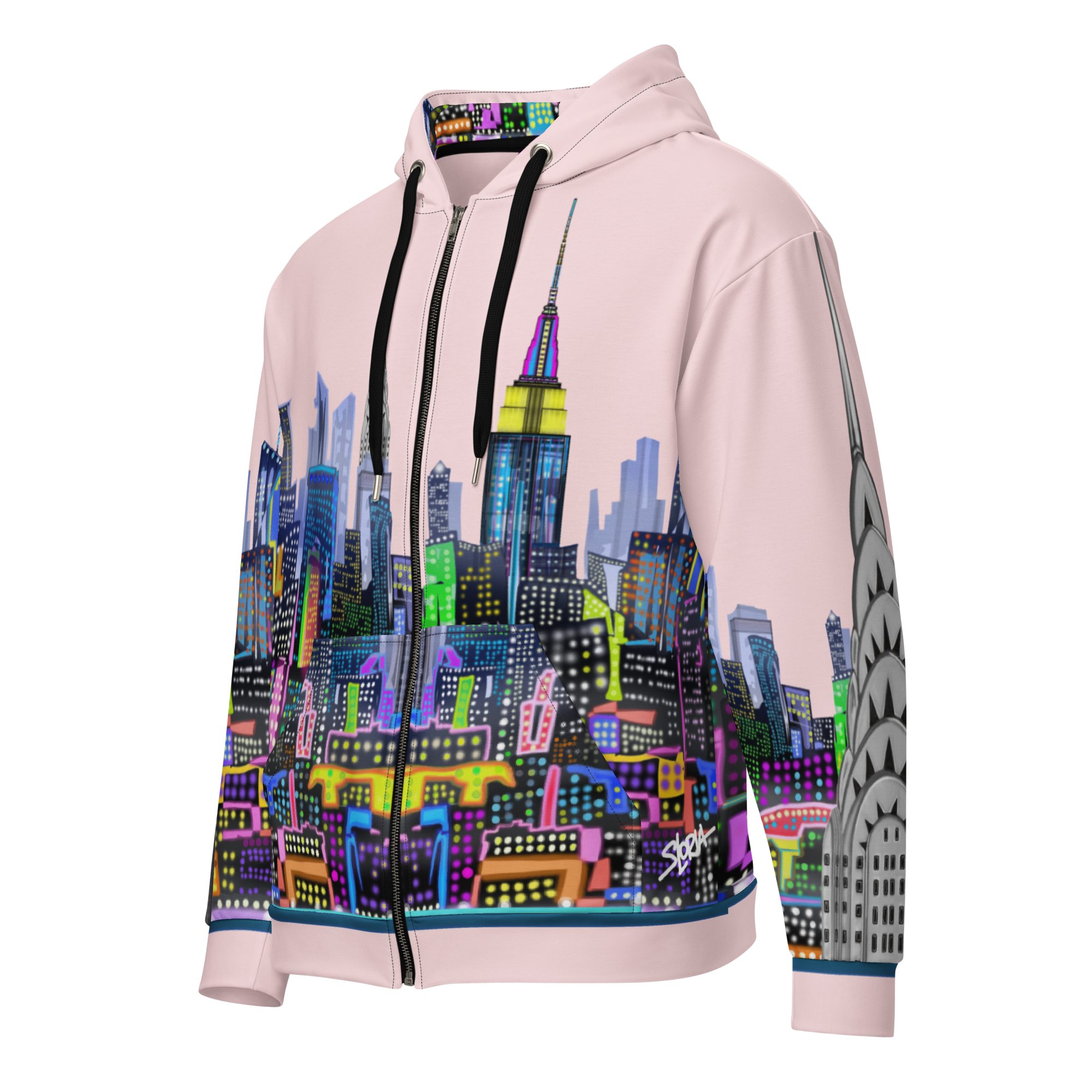 Pink hoodie with colorful Loria NYC Art cityscape design on a white background