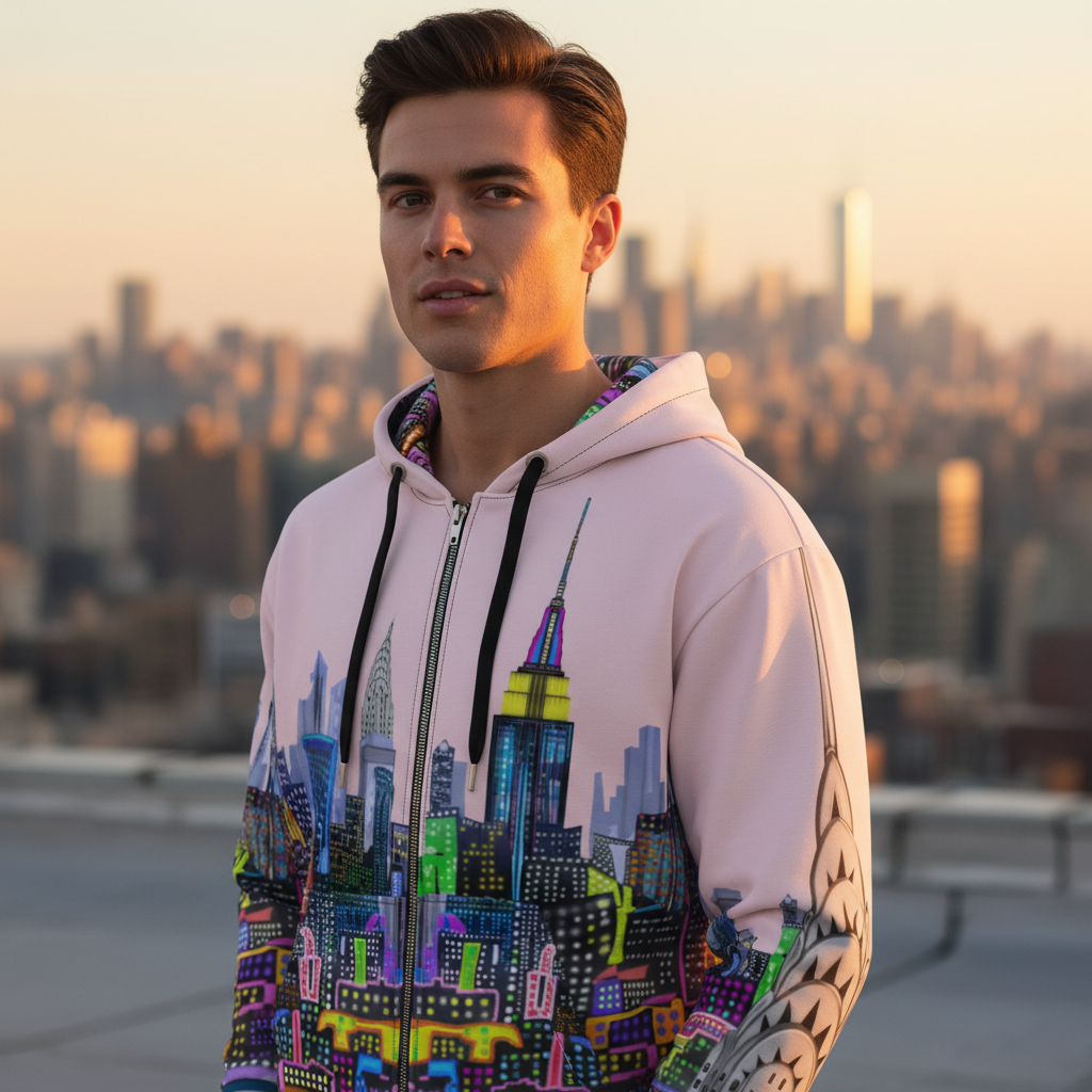 Man wearing a hoodie with a colorful cityscape Loria NYC Art design, standing on a rooftop with a city skyline in the background.
