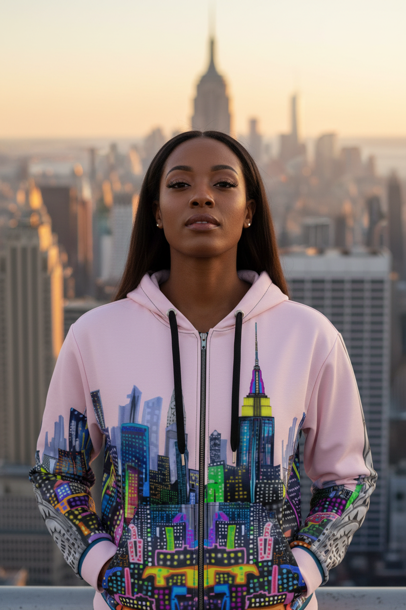 Person wearing a pink hoodie with a colorful cityscape Loria NYC Art design, standing against a city skyline.