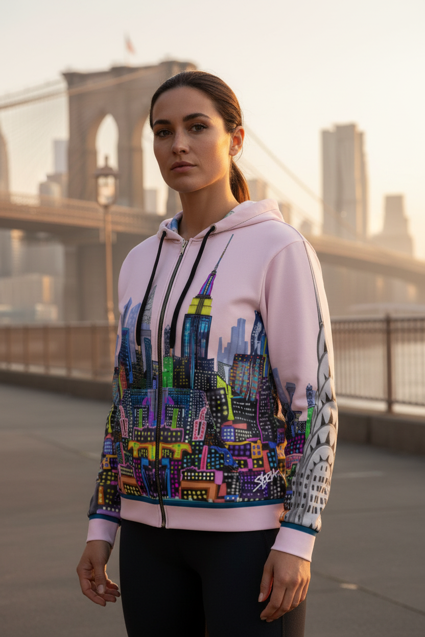 Woman wearing a colorful hoodie with a cityscape Loria NYC Art design, standing in front of the Brooklyn Bridge.