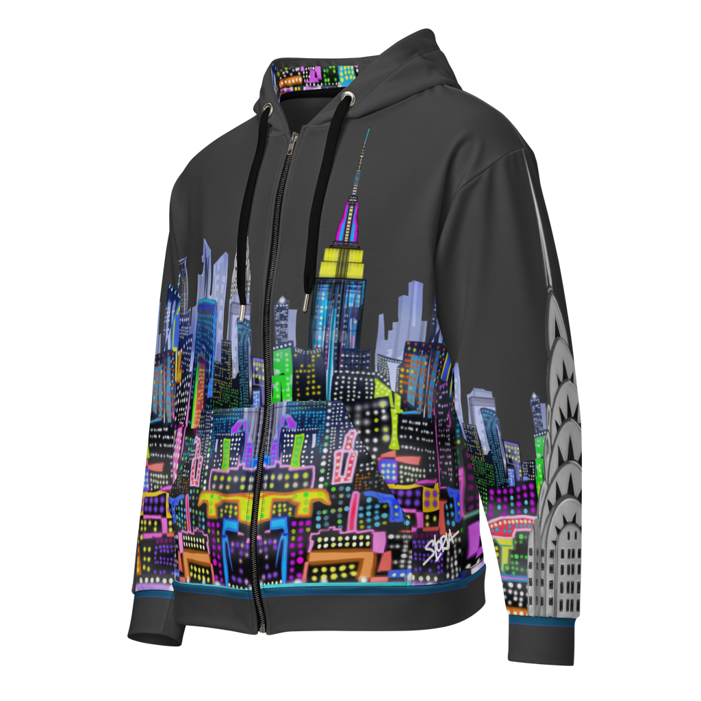 Hoodie with a colorful cityscape Loria NYC Art design on a white background