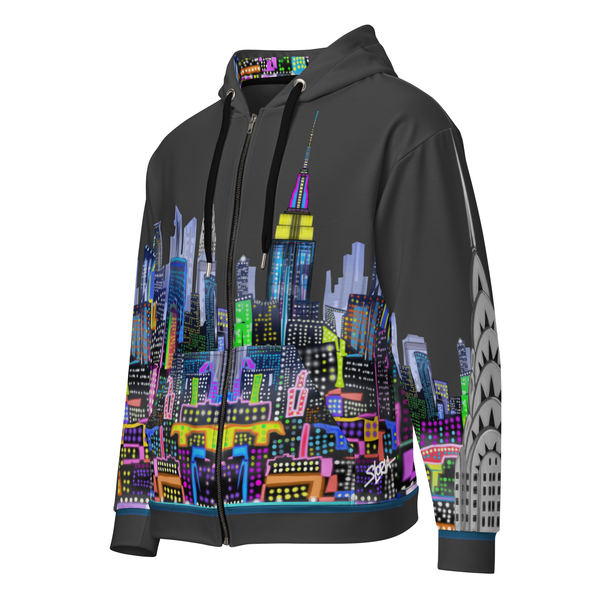 Hoodie with a colorful cityscape Loria NYC Art design on a white background